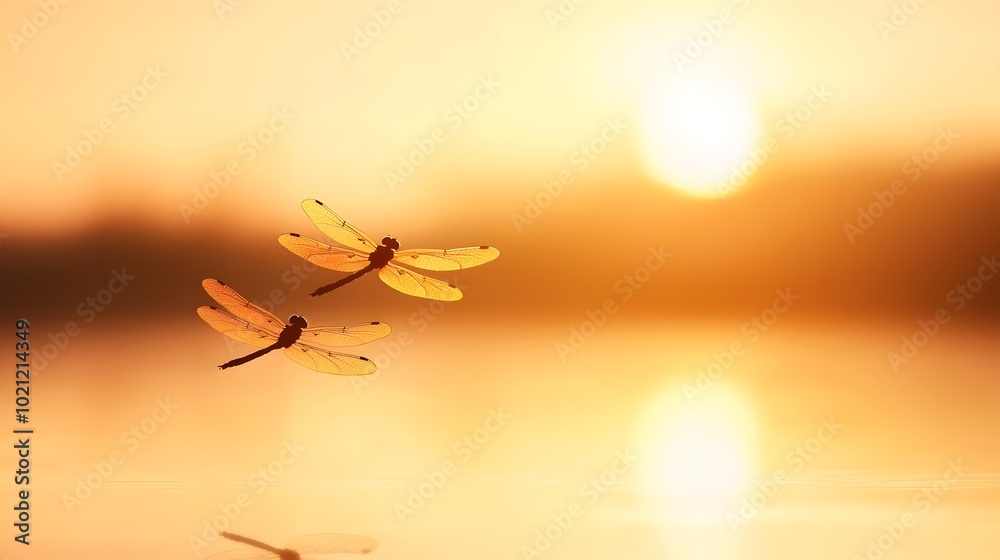 Fototapeta premium Enchanting Dragonflies Dancing Over a Serene Pond - Captivating Summer Afternoon Reflection in Tranquil Waters