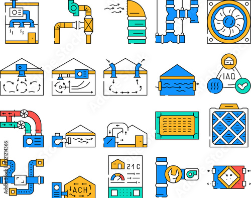 air ventilation cold wind heat icons set vector. conditioner condition, flow climate, hot technology, fresh house, control cool air ventilation cold wind heat color Contour Illustrations