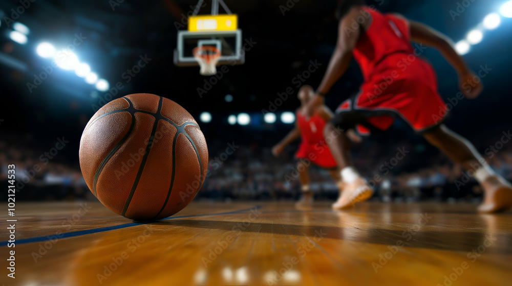 Naklejka premium Two basketball athletes sprinting to grab the ball amidst a packed arena. The picture conveys the essence of rivalry, athleticism, and sportsmanship