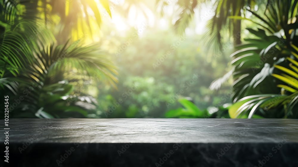  Tabletop on jungle background for product presentation. Empty black concrete countertop outdoors in forest. Cosmetic or bar store podium mockup. 