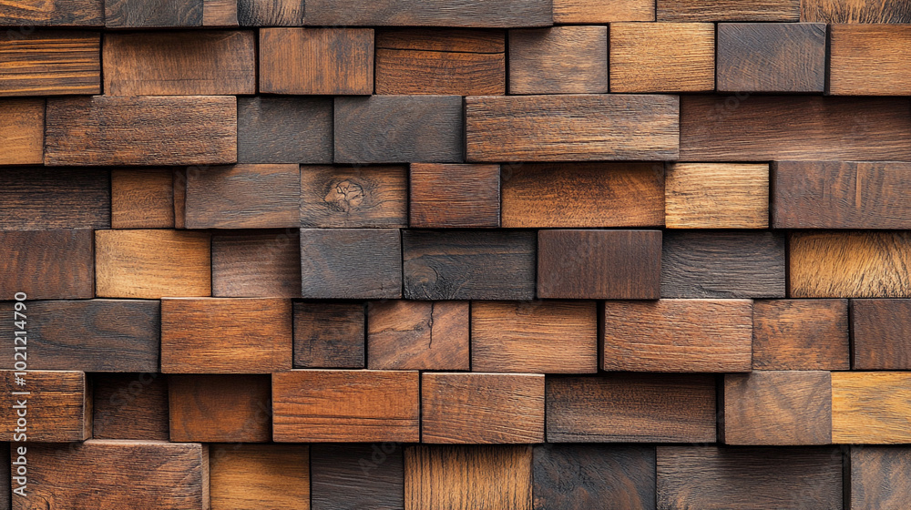 Modern Abstract Wooden Cubes Wall Texture, Rustic Wooden Mosaic Pattern, Geometric Square Blocks Design, Textured Wood Background.