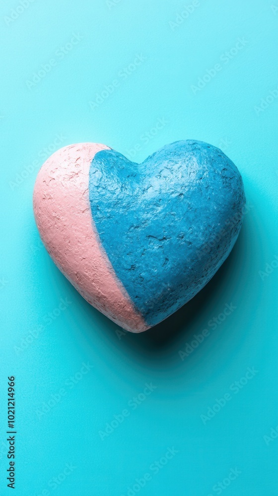 Obraz premium A colorful heart-shaped rock features a striking design, with one half painted in soft pink and the other half in bright blue. It rests against a smooth turquoise surface, creating a cheerful and arti