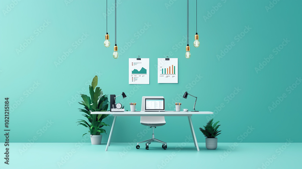 Fototapeta premium Modern office workspace with a turquoise wall, stylish desk, computer, plants, and hanging lights, creating a fresh and productive atmosphere.