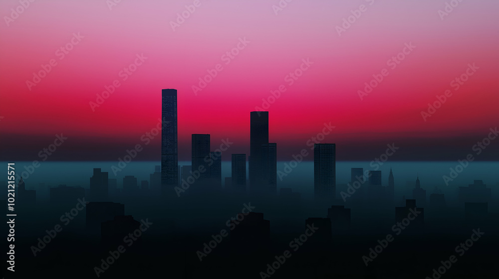 Captivating urban landscape with skyscrapers casting long shadows over the city as the sun sets, creating a vibrant contrast between the dark cityscape and the colorful sky Captivating urban landscape with skyscrapers casting long shadows over the city as the sun sets, creating a vibrant contrast between the dark cityscape and the colorful sky