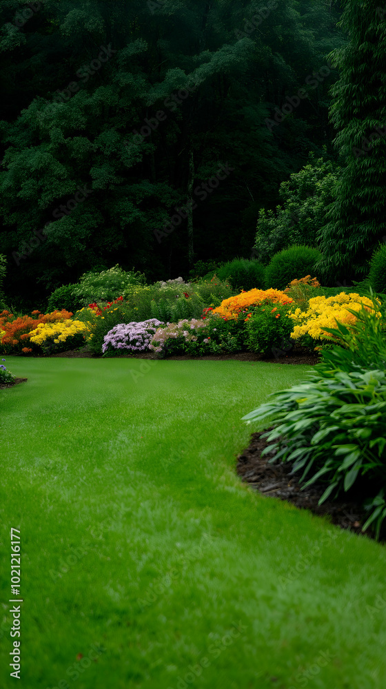Obraz premium Well maintained lawn is surrounded by a colorful garden filled with blooming flowers, creating a picturesque scene of natural beauty