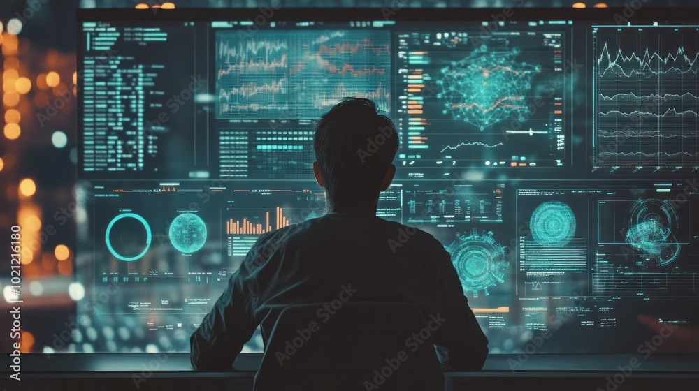 A data scientist working with a data visualization dashboard, showcasing complex graphs and charts powered by artificial intelligence A data scientist working with a data visualization dashboard, showcasing complex graphs and charts powered by artificial intelligence