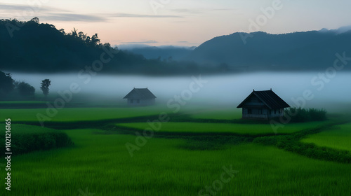 Tranquil sunrise scene with fog over vibrant rice paddy fields and traditional wooden houses, creating a picturesque and peaceful landscape