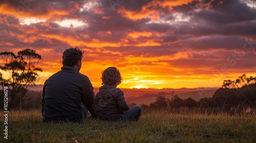 Father and Son Silhouetted Against a Vibrant Sunset