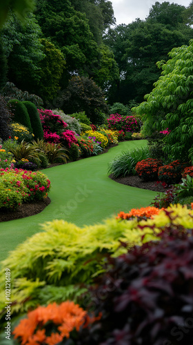 Meandering garden path is lined with a diverse array of vibrant flowers and lush greenery  creating a colorful and picturesque scene