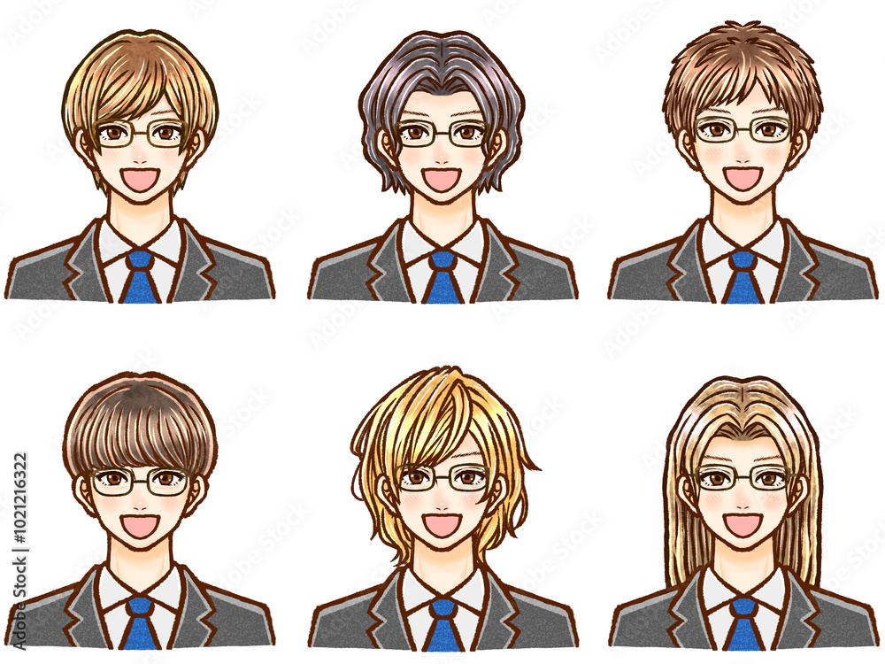 Φωτογραφία 様々なヘアスタイルのスーツ姿の大人男性のイラスト素材セット4