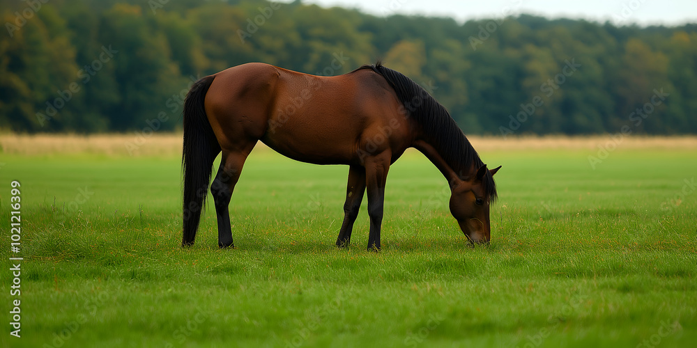 Tranquil scene, a serene bay horse peacefully grazing on fresh green grass in a spacious meadow, set against a backdrop of a peaceful forest Tranquil scene, a serene bay horse peacefully grazing on fresh green grass in a spacious meadow, set against a backdrop of a peaceful forest