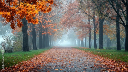 A tranquil, misty pathway in a park flanked by towering trees with bright orange leaves, creating a vibrant yet peaceful autumn setting for nature lovers. photo