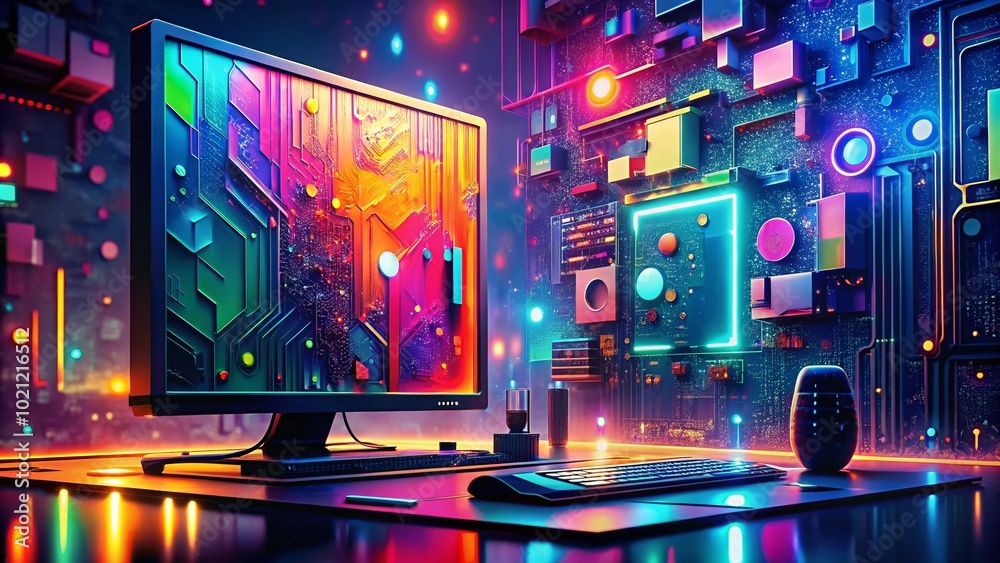 Abstract Tech Computer Wallpaper with Futuristic Design, Digital Patterns, and Vibrant Color Palette Abstract Tech Computer Wallpaper with Futuristic Design, Digital Patterns, and Vibrant Color Palette