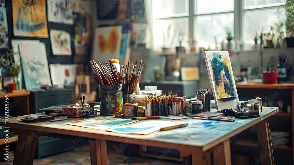 Artist's Workbench with Paintbrushes, Canvases, and Paints Artist's Workbench with Paintbrushes, Canvases, and Paints