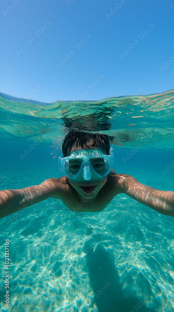 Fototapeta premium Young boy joyfully explores the clear turquoise ocean, swimming underwater with goggles and a smile on a sunny summer day