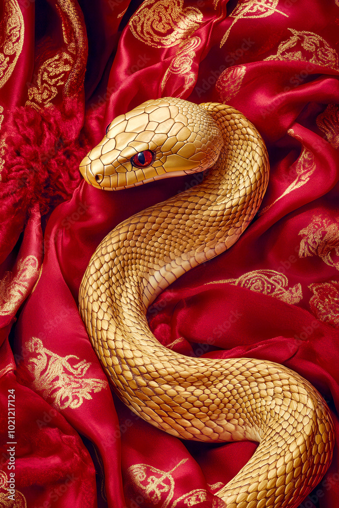 Golden snake on luxurious red silk fabric, Traditional Chinese New Year celebration