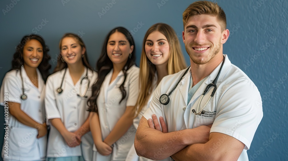 a medical team: five female and one male doctor standing a medical team: five female and one male doctor standing