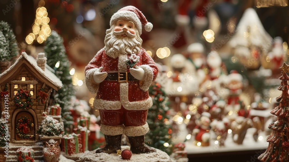 Fototapeta premium Santa Claus figurine with Christmas decorations in festive display