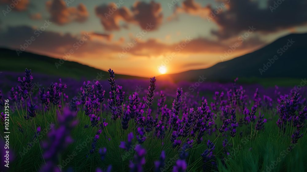 Obraz premium Gorgeous sunset casting a warm glow over a vibrant lavender field, creating a tranquil and beautiful scene