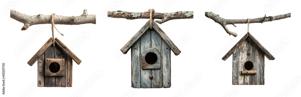 Rustic Birdhouses on Branches for Garden Decor Isolated on Transparent Background Rustic Birdhouses on Branches for Garden Decor Isolated on Transparent Background