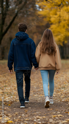 Young couple takes a romantic walk in the park on a sunny autumn day, with the sunlight filtering through the trees