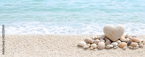 Fragmented Heart on the Shore - Emotional Depth Surrounded by Seashells and Ocean Waves Evoking Serenity and Reflection