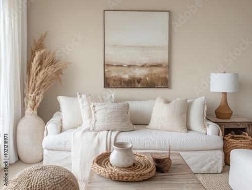 A minimalist winter living room with beige walls, neutral decor, and warm accents, creating a cozy and welcoming winter space