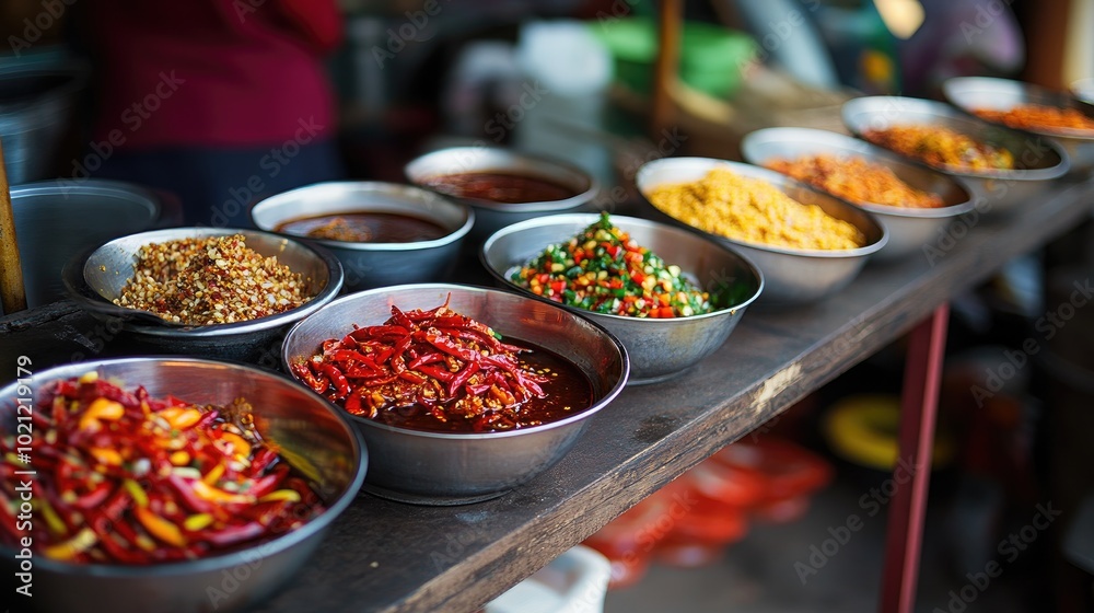 Obraz premium Colorful Spices and Sauces in Traditional Bowls