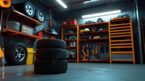 Stacked Tires in Modern Garage Setting