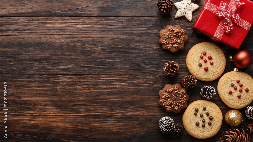 Delicious holiday cookies and festive decorations on rustic wooden table. Delicious holiday cookies and festive decorations on rustic wooden table.
