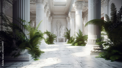 Large white hall with tall pillars and a lot of greenery