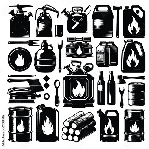 Fuel for stove Silhouette Set Vector