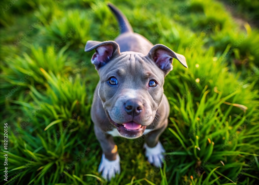Adorable Blue Pit Puppy Playing in the Grass - Cute, Playful, and Friendly Canine Companion for Pet Lovers