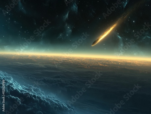 A glowing meteor streaks through the starry night sky above a breathtaking cloudscape.