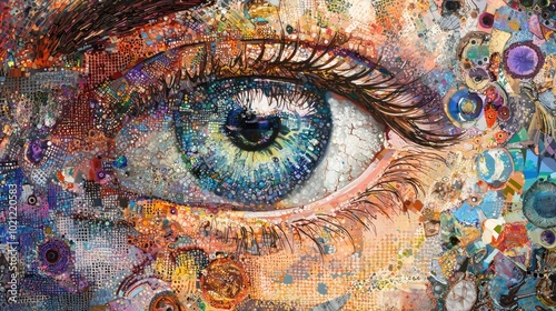 A collage composed entirely of different representations of the human eye, each rendered in various artistic styles and techniques. 