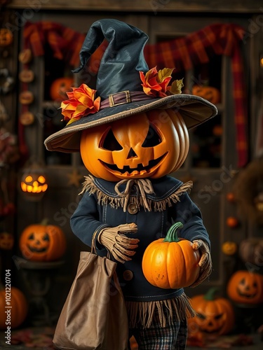 Pumpkinhead's trick or treat: an adorable scarecrow with a pumpkin head and witch hat stands ready for halloween holding a bag and pumpkin against a backdrop of festive decorations halloween backdrop photo