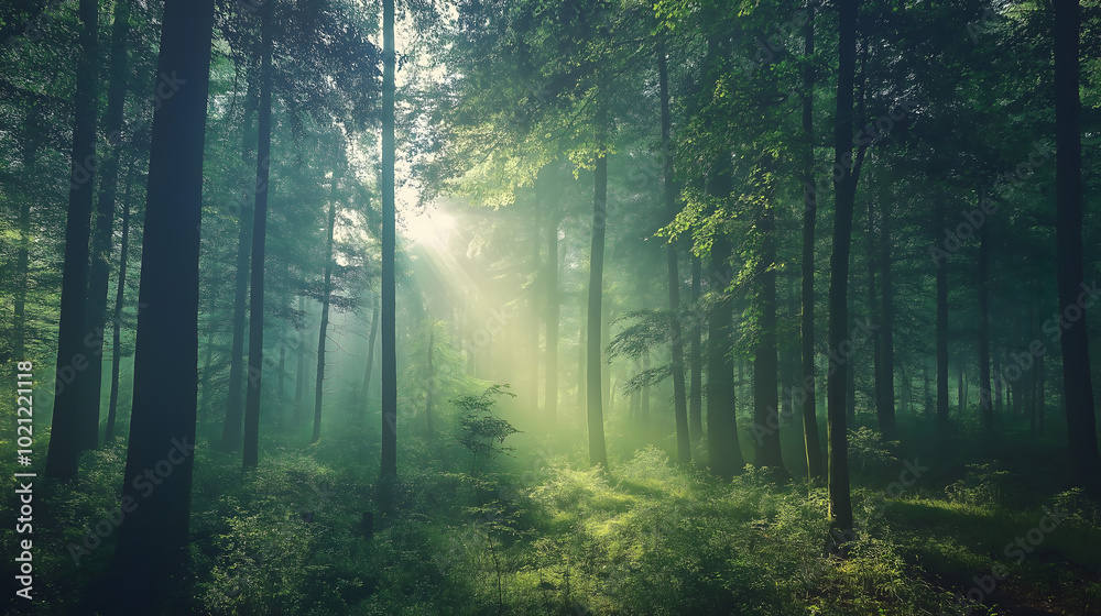 Naklejka premium 清晨阳光透过绿色茂密的森林