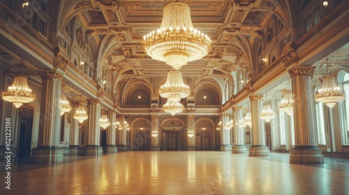 A magnificent ballroom featuring exquisite crystal chandeliers and vintage decor, capturing the opulence of a bygone era.