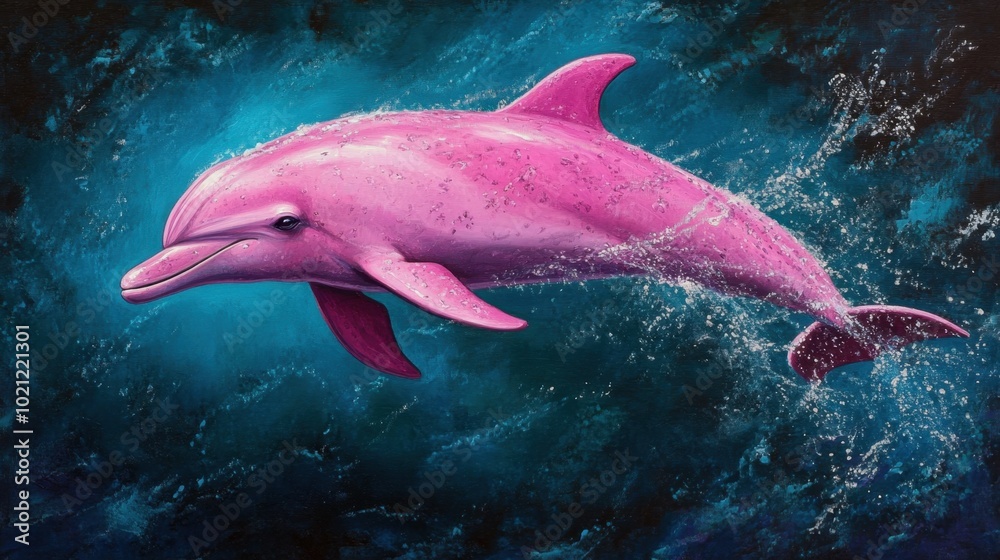 Fototapeta premium A majestic pink dolphin glides through the ocean waters, its unique appearance making it a captivating and rare sight in nature.