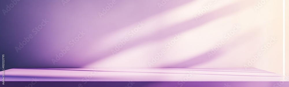 3D room studio with tabletop. Floor and wall with empty purple podium. Overlay of shadow from the window onto the tabletop. Bright violet kitchen mockup with countertop. 3D room studio with tabletop. Floor and wall with empty purple podium. Overlay of shadow from the window onto the tabletop. Bright violet kitchen mockup with countertop.