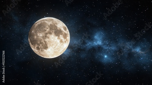 A mesmerizing view of outer space with a bright full moon casting light on a distant planet surface, surrounded by stars in a dark cosmic sky.