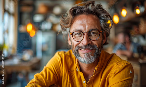 Corporate CEO Relaxing and Smiling After Work in Office, Reflective and Happy, Yellow Shirt, Positive Mood