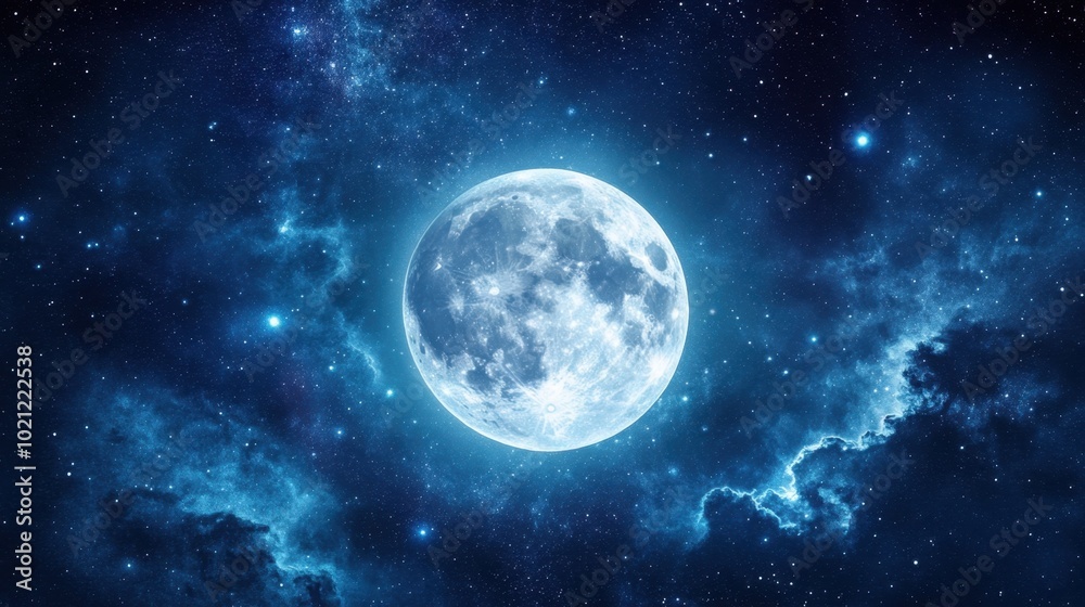 Obraz premium A mesmerizing view of outer space with a bright full moon casting light on a distant planet surface, surrounded by stars in a dark cosmic sky.