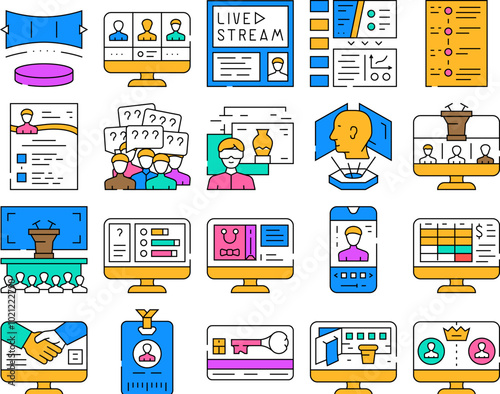 virtual conference event online icons set vector. quarantine digital, corporate technology, caller stage, video concert, live, meeting virtual conference event online color Contour Illustrations