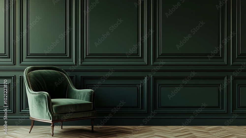 Chair in green empty room with classic wall panels frames. Studio mockup with dark modern luxury design. Chair in green empty room with classic wall panels frames. Studio mockup with dark modern luxury design.
