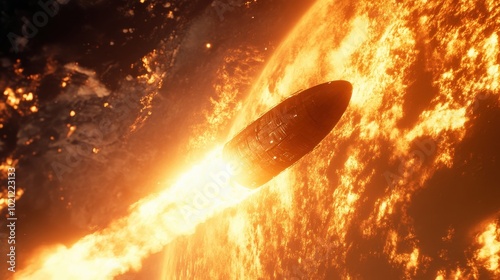 Spacecraft re-entering Earth's atmosphere, surrounded by fiery trails of re-entry heat.