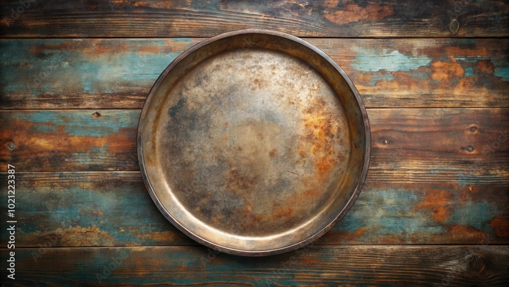 An aged metal tray on a rustic wooden table with faded blue and brown paint An aged metal tray on a rustic wooden table with faded blue and brown paint
