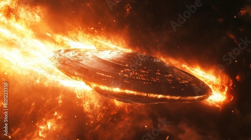Futuristic spaceship engulfed in fiery flames against a starry backdrop.