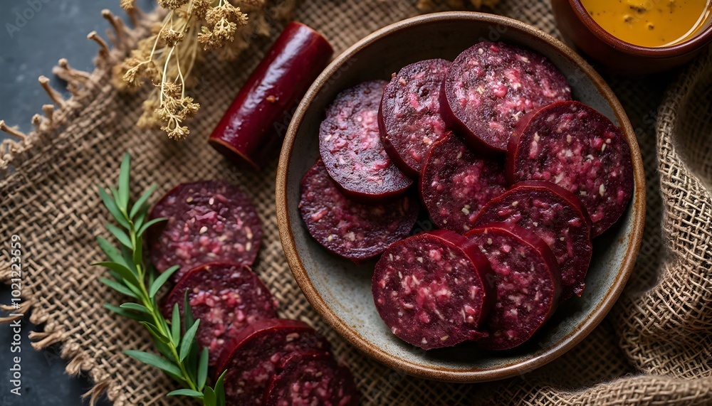 Traditional Mongolian Sheep Blood Sausage Slices Served on a Plate Traditional Mongolian Sheep Blood Sausage Slices Served on a Plate