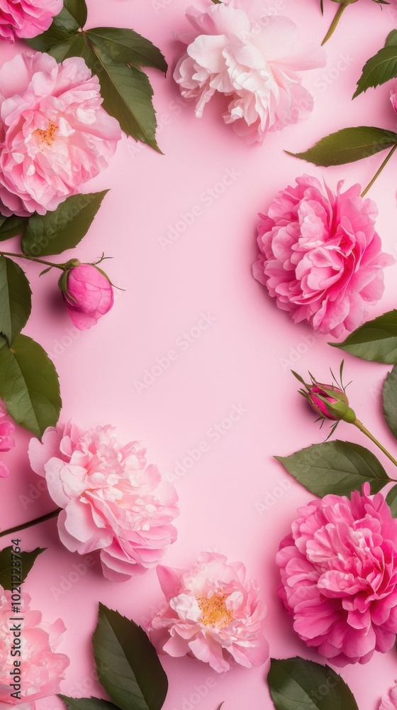 Pink flowers surrounded by green leaves on a soft pink background. Pink flowers surrounded by green leaves on a soft pink background.